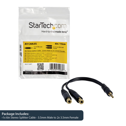 StarTech MUY1MFF 3,5 mm Stereo-Splitterkabel - 15,24 cm Stecker auf 2x Buchse - Schwarz