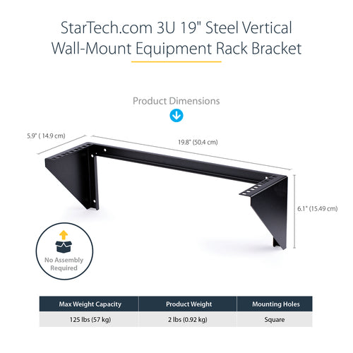 StarTech.com RK319WALLV 3U Wall Mount Rack Bracket - 150lb Capacity - Black