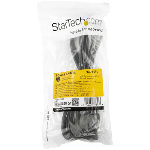 StarTech.com Flaches Netzkabel 3m NEMA 5-15P auf C13 – 0,75 mm² – Schwarz