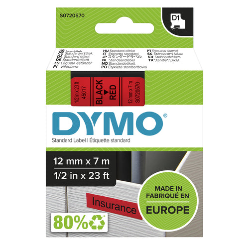 DYMO D1 Standard - Black on Red - 12mm label-making tape
