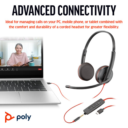 USB-C Headset HP Poly Blackwire 3225 Stereo +3.5mm Plug Adapter