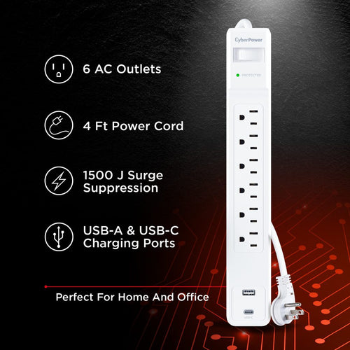 6 Outlet Surge Protector with USB 1500J CyberPower NEMA 5-15R