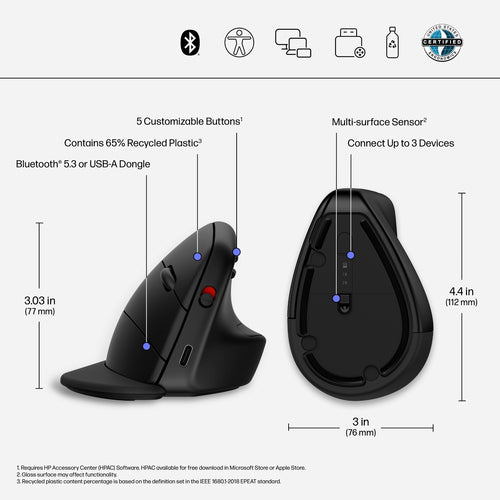 Vertical Mouse HP 925 Ergonomic Wireless Bluetooth 4000 DPI Right-Hand - 6H1A5AA