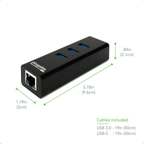 USB 3.0 Hub with Gigabit Ethernet - Plugable Technologies, 3 Ports, USB-C Included, Black