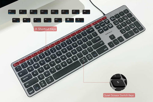 Wired USB Full-Size Keyboard Macally QWERTY Black Grey Scissor Switch