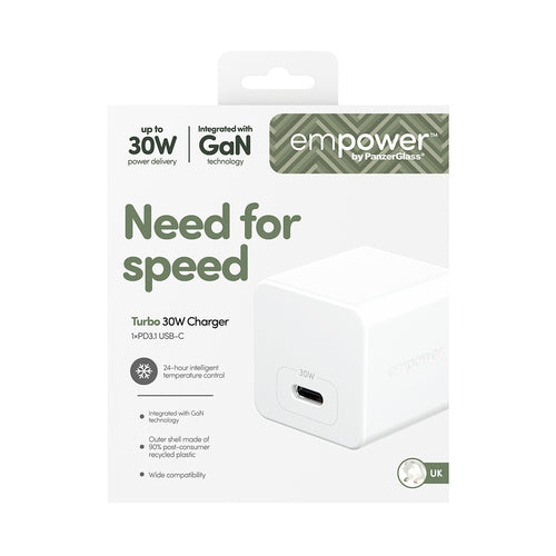 PanzerGlass empower™ by ® Turbo 30W Charger Single USB-C | UK Plug | Silver White