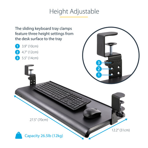 StarTech.com Ergonomic Under-Desk Keyboard Tray Clamp - Adjustable Black Design
