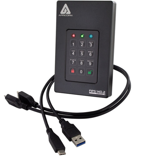 Portable 2TB USB 3.2 Gen 1 Hard Drive Apricorn Aegis Fortress L3 Password Protected