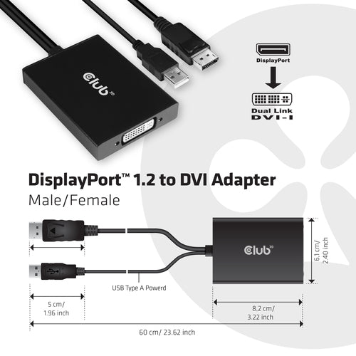 DisplayPort zu Dual-Link DVI-D aktiver Adapter 0,6m Club3D
