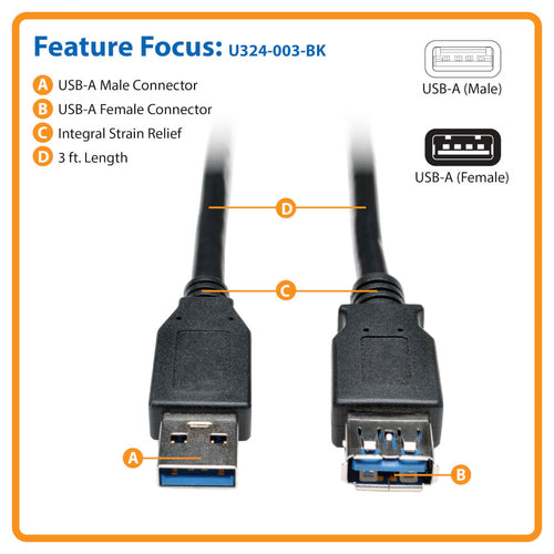 USB 3.0 SuperSpeed Extension Cable 3ft Tripp Lite Black M/F