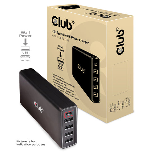 5-Port USB Type A and C Power Charger 111W Indoor AC Black