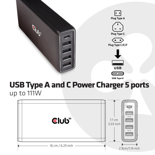 5-Port USB Type A and C Power Charger 111W Indoor AC Black