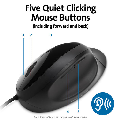 Kensington Pro Fit Ergo Kabelgebundene Maus – Rechtshänder, USB Typ-A, 3200 DPI, Schwarz
