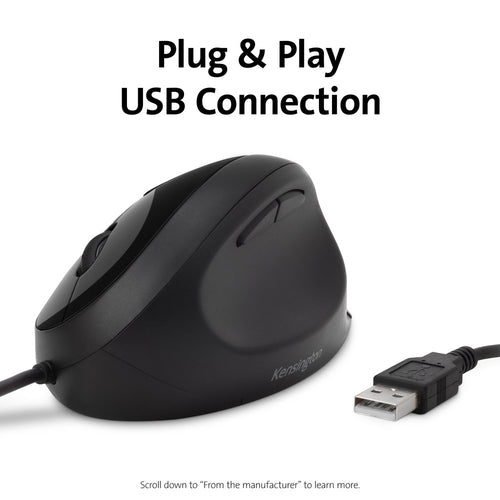 Kensington Pro Fit Ergo Kabelgebundene Maus – Rechtshänder, USB Typ-A, 3200 DPI, Schwarz