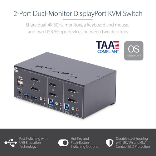 StarTech.com 2-Port Dual-Monitor DisplayPort KVM-Switch – 4K 60Hz – Dualer USB-Hub
