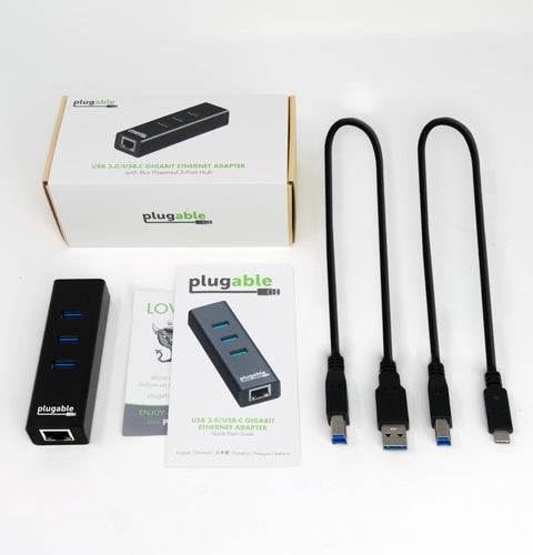USB 3.0 Hub with Gigabit Ethernet - Plugable Technologies, 3 Ports, USB-C Included, Black