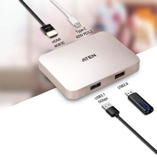 ATEN UH3235 USB-C 4K Ultra Mini Dock – Rose Gold, 60W Power Delivery, HDMI, USB 3.2