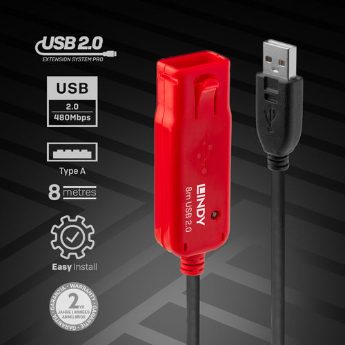 USB Cable Lindy 42780 8m USB 2.0 Active Extension A-A Black - 42780
