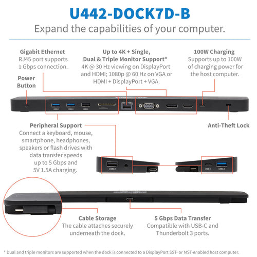 USB-C Dock Tripp Lite U442-DOCK7D-B Triple Display 4K HDMI DP VGA 100W PD