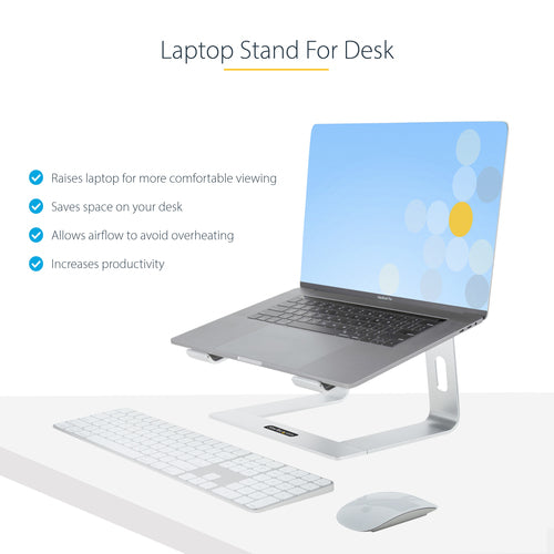 StarTech Ergonomic Aluminum Laptop Stand - Silver - Supports 5kg - Compatible with MacBook & Dell XPS