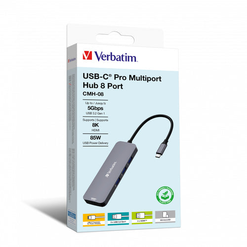 USB Typ-C Hub Verbatim CMH-08 HDMI USB 3.2 5000 Mbit/s MicroSD Silber