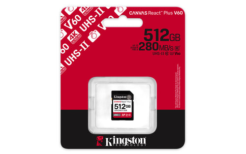 512GB Kingston Technology Canvas React Plus SDXC UHS-II 280MB/s 150MB/s Class 10 V60 for Full HD/4K