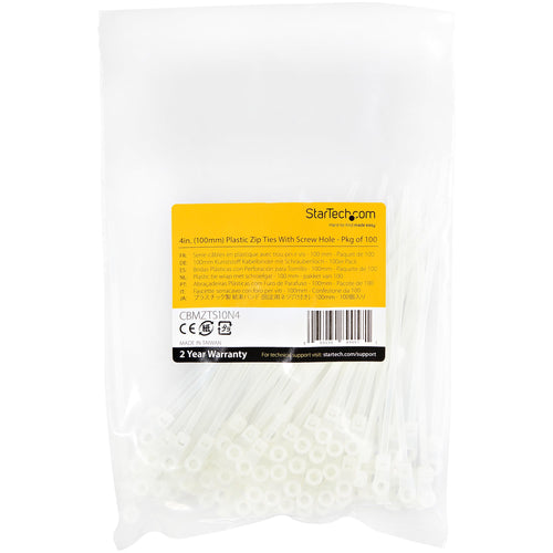 Cable Ties with Mounting Hole 4 Inch Nylon 66 18lb Tensile Strength White Pack of 100