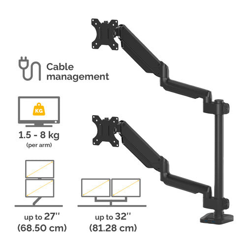 Fellowes Platinum Dual-Monitor-Halterung für 27"-Bildschirme – VESA-kompatibel – Verstellbare Tischhalterung – Schwarz