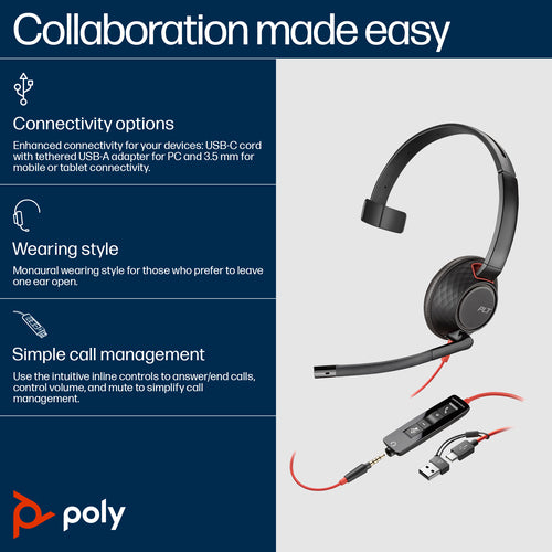 Kabelgebundenes USB-C Headset HP Poly Blackwire 5210 Monaural 3,5mm Stecker