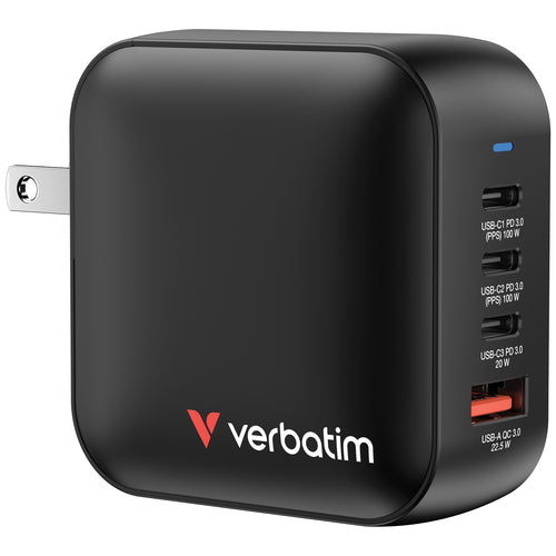 100W Verbatim Mini GaN Ladegerät 4-Port AC Schwarz mit EU- & UK-Adaptern
