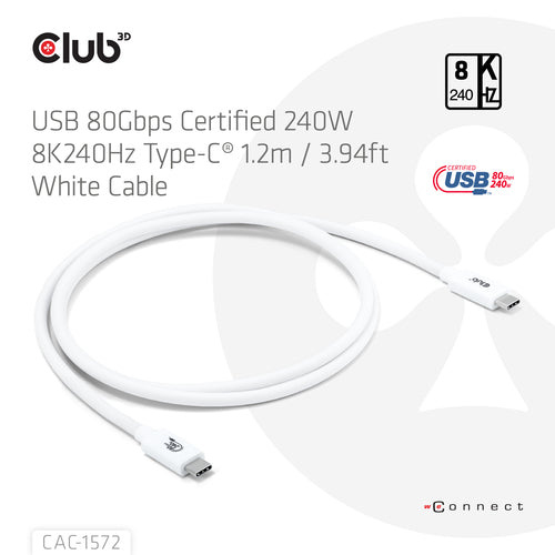 CLUB3D CAC-1572 USB-C 80Gbps Kabel - 240W Power Delivery - 8K240Hz - Weiß