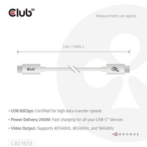 CLUB3D CAC-1572 USB-C 80Gbps Kabel - 240W Power Delivery - 8K240Hz - Weiß