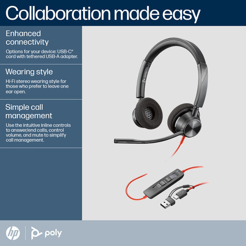 HP Poly Blackwire 3320 Stereo USB-C Headset – Kabelgebunden, Microsoft Teams-zertifiziert, Schwarz