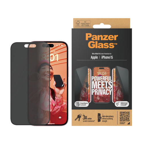 PanzerGlass ® Privacy Screen Protector iPhone 15 | Ultra-Wide Fit w. EasyAligner
