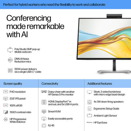 HP Series 5 Pro 23.8 inch FHD USB-C Conferencing Monitor - 524pm computer monitor