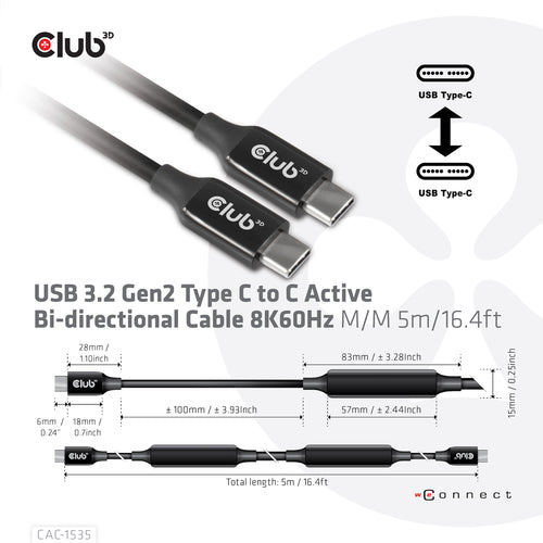 CLUB3D USB 3.2 Gen2 Type C Active Cable - 8K 60Hz, 5m, High-Speed Data Transfer