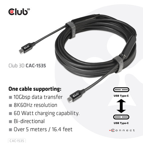 CLUB3D USB 3.2 Gen2 Type C Active Cable - 8K 60Hz, 5m, High-Speed Data Transfer