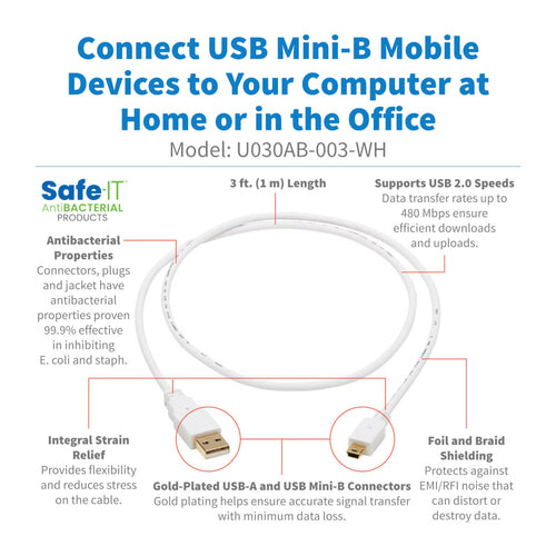 USB Cable Tripp Lite U030AB-003-WH 3ft Antibacterial 0.48 Gbit/s