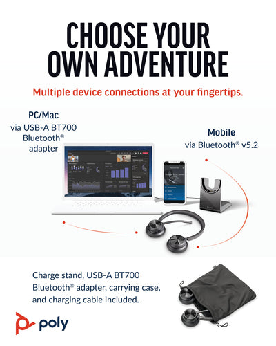 HP Poly Voyager 4320 UC Stereo USB-A Headset +BT700 USB-A Adapter +Charging Stand