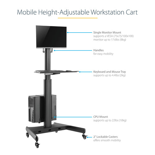 StarTech.com WKSTNCART Ergonomic Mobile Workstation Cart - Adjustable Desk on Wheels