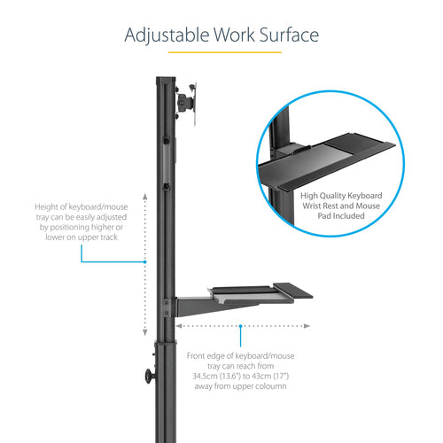 StarTech.com WKSTNCART Ergonomic Mobile Workstation Cart - Adjustable Desk on Wheels