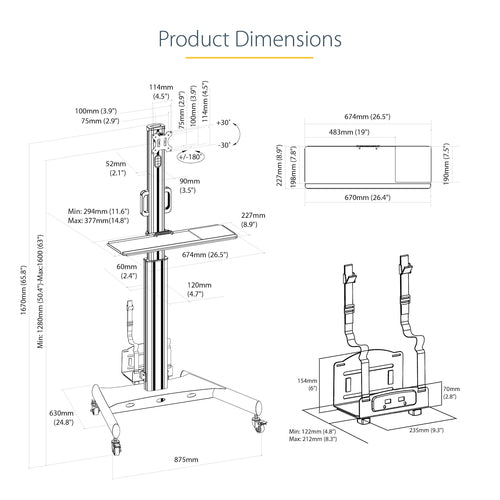 StarTech.com WKSTNCART Ergonomic Mobile Workstation Cart - Adjustable Desk on Wheels