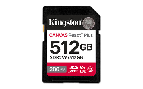 512GB Kingston Technology Canvas React Plus SDXC UHS-II 280MB/s 150MB/s Class 10 V60 for Full HD/4K