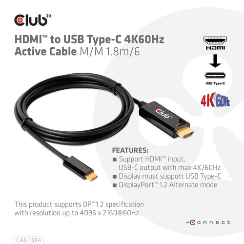 CLUB3D HDMI to USB Type-C Adapter - 4K60Hz Active Cable - 1.8m