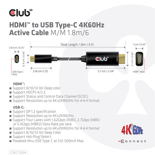 CLUB3D HDMI to USB Type-C Adapter - 4K60Hz Active Cable - 1.8m