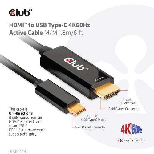 CLUB3D HDMI to USB Type-C Adapter - 4K60Hz Active Cable - 1.8m