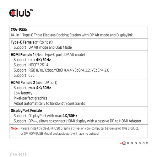 CLUB3D CSV-1566 laptop dock/port replicator