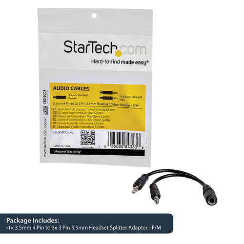 StarTech.com 3,5-mm-Headset-Splitter-Adapter – Stecker auf 2x Buchse – 0,13 m – Audioadapter