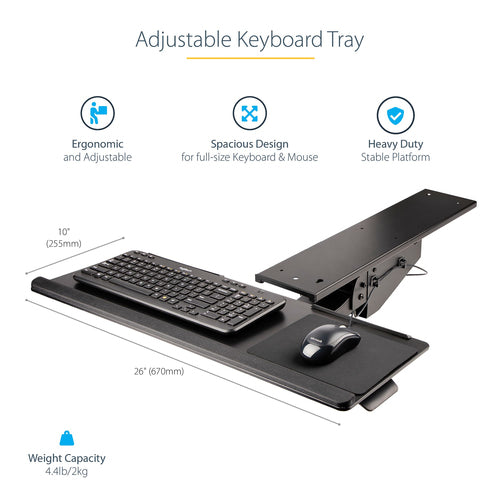 StarTech.com KBTRAYADJ2 Adjustable Keyboard Tray - 10"x26" Ergonomic Workspace Solution