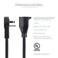 StarTech 6ft Power Extension Cord - NEMA 5-15P to NEMA 5-15R - Black - Rotating Flat Plug